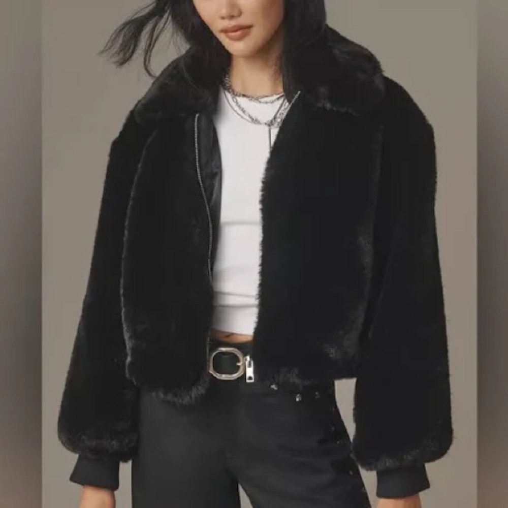 NWT Gorgeous Anthropologie Maeve Black Faux Fur Crop Lined Zip Jacket